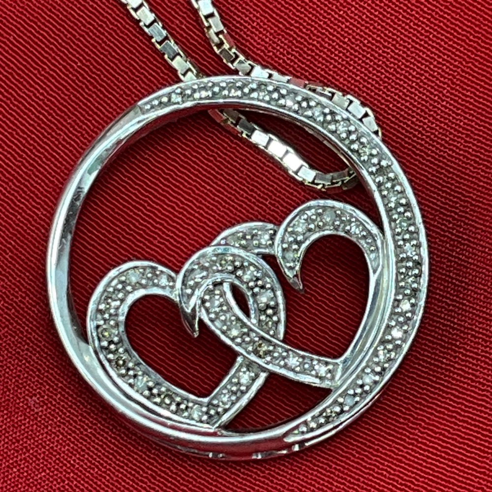 Sterling‎ Silver 925 Diamond Hearts Pendant With 18 Inch Silver Box Chain